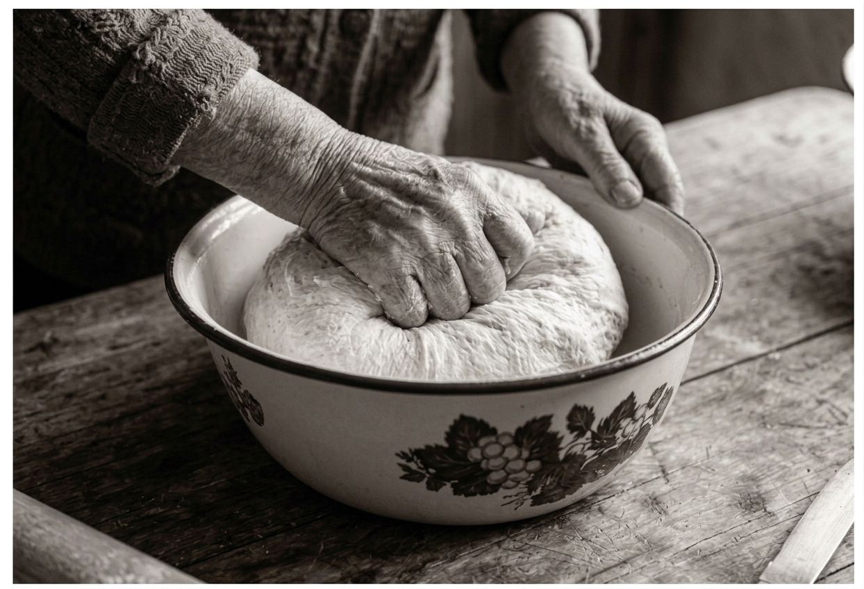 Manos de una abuela amasando masa de pan